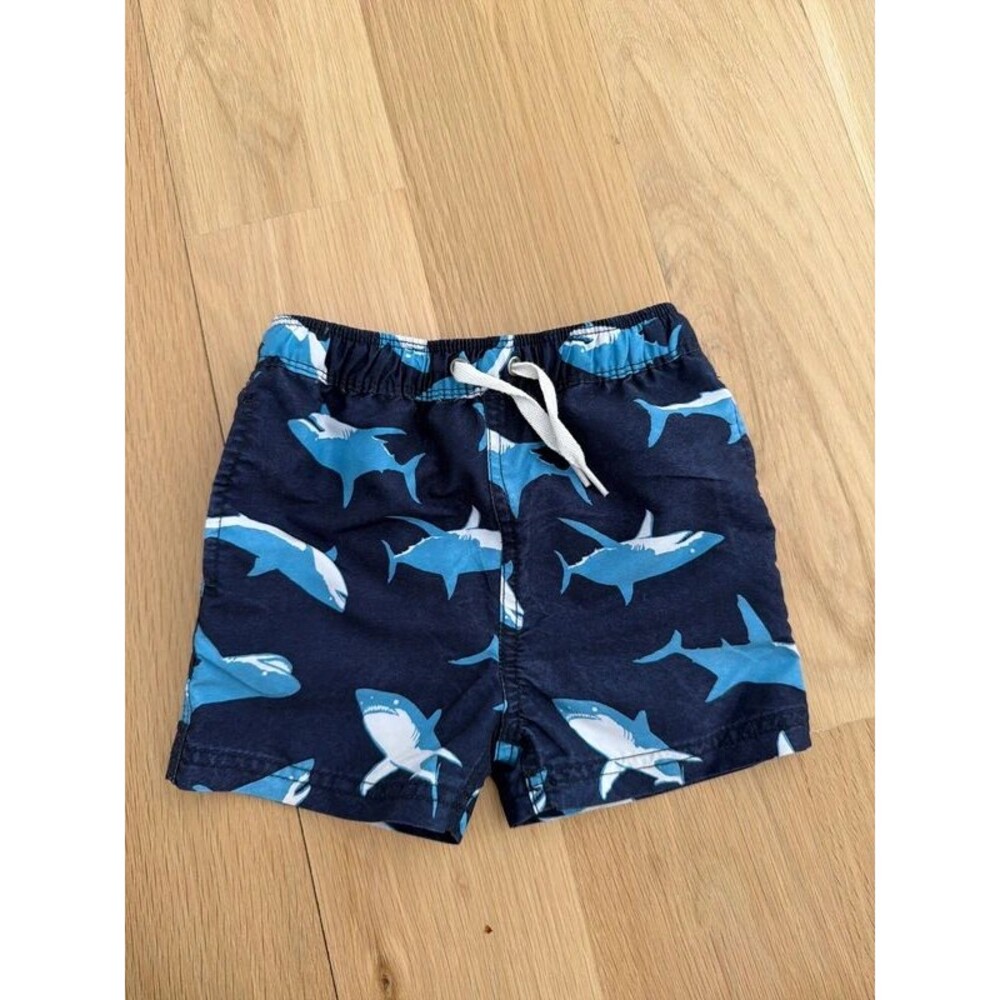 Hanna Andersson boys navy blue shark swim trunks tie waist size 2 2T
